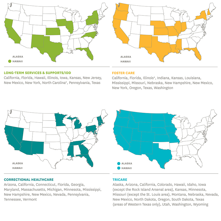 maps of LTSS, foster care, correctional, Tricare states